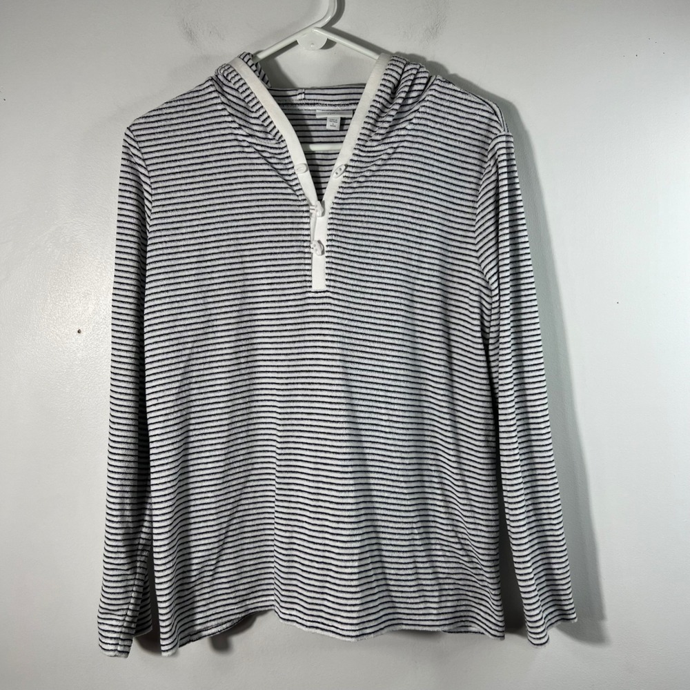 J Jill Fit Loop Terry V Neck Hoodie Black White L Petite Cotton Polyester